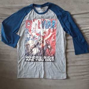 Captain America Civil War T Shirt Mens Size Medium Grey Navy Blue 3/4 Sleeve New